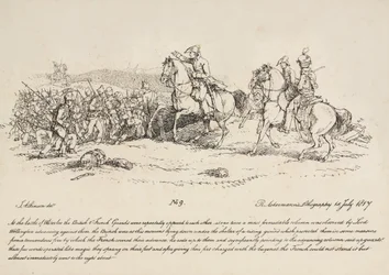 Wellington leitet einen Angriff der Garde gegen eine französische Kolonne bei Waterloo, Lithographie von R. Ackermann, 1815